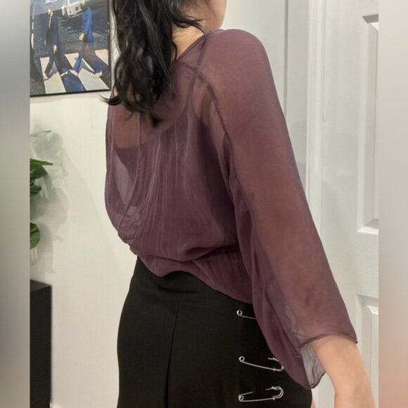 Y2K Dolman Sleeve Glitter Cami Blouse 2000s Overlay Top Hip Elastic Hem - Picture 2 of 6